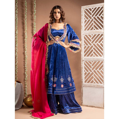 AHI Clothing Blue Velvet Sweetheart Embroidered Anarkali with Blouse with Palazzo with Dupatta