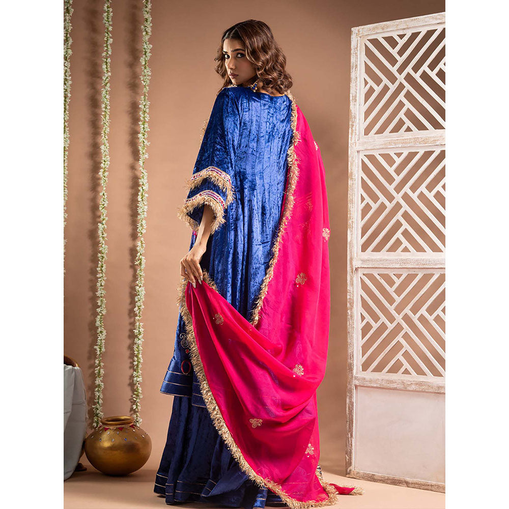 AHI Clothing Blue Velvet Sweetheart Embroidered Anarkali with Blouse with Palazzo with Dupatta