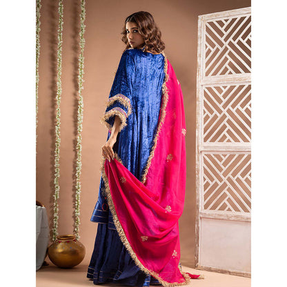 AHI Clothing Blue Velvet Sweetheart Embroidered Anarkali with Blouse with Palazzo with Dupatta