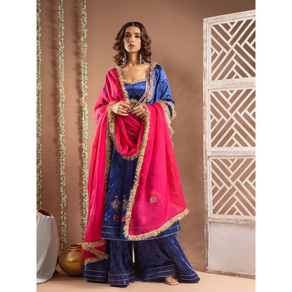 AHI Clothing Blue Velvet Sweetheart Embroidered Anarkali with Blouse with Palazzo with Dupatta