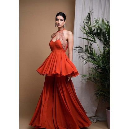 AHI Clothing Orange Georgette Halter Neck Embroidered Peplum Top with Sharara and Dupatta