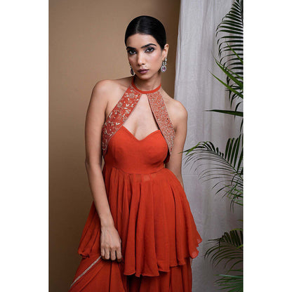 AHI Clothing Orange Georgette Halter Neck Embroidered Peplum Top with Sharara and Dupatta