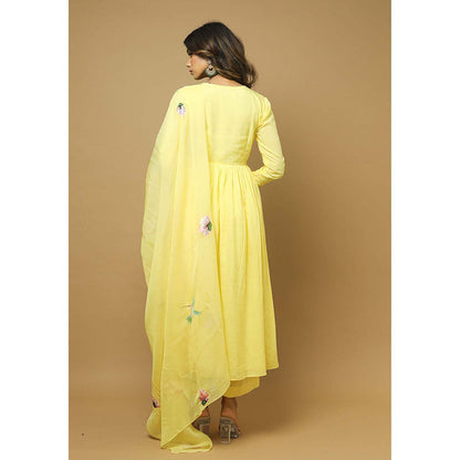 AHI Clothing Yellow Modal V-Neck Floral Anarkali with Palazzo and Dupatta