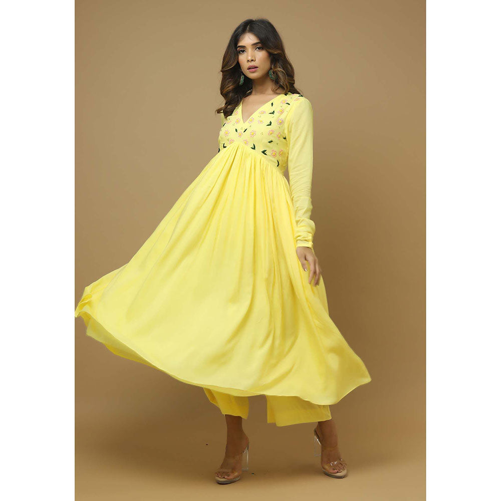AHI Clothing Yellow Modal V-Neck Floral Anarkali with Palazzo and Dupatta
