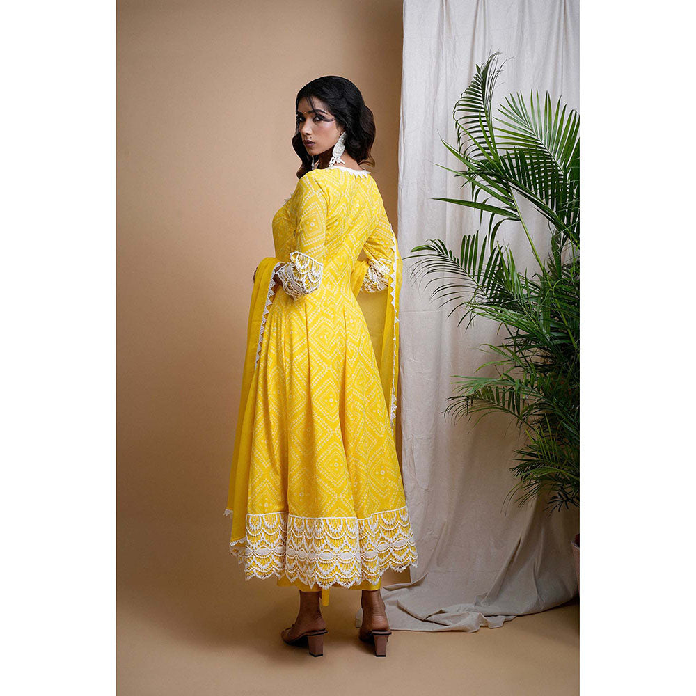 AHI Clothing Yellow Georgette Scoop Neck Printed Anarkali with Palazzo and Dupatta