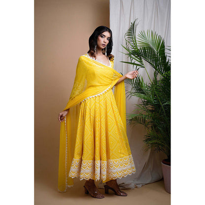 AHI Clothing Yellow Georgette Scoop Neck Printed Anarkali with Palazzo and Dupatta