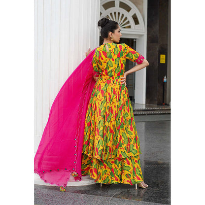 AHI Clothing Yellow Crepe Round Neck Floral Bustier with Anarkali with Palazzo with Dupatta