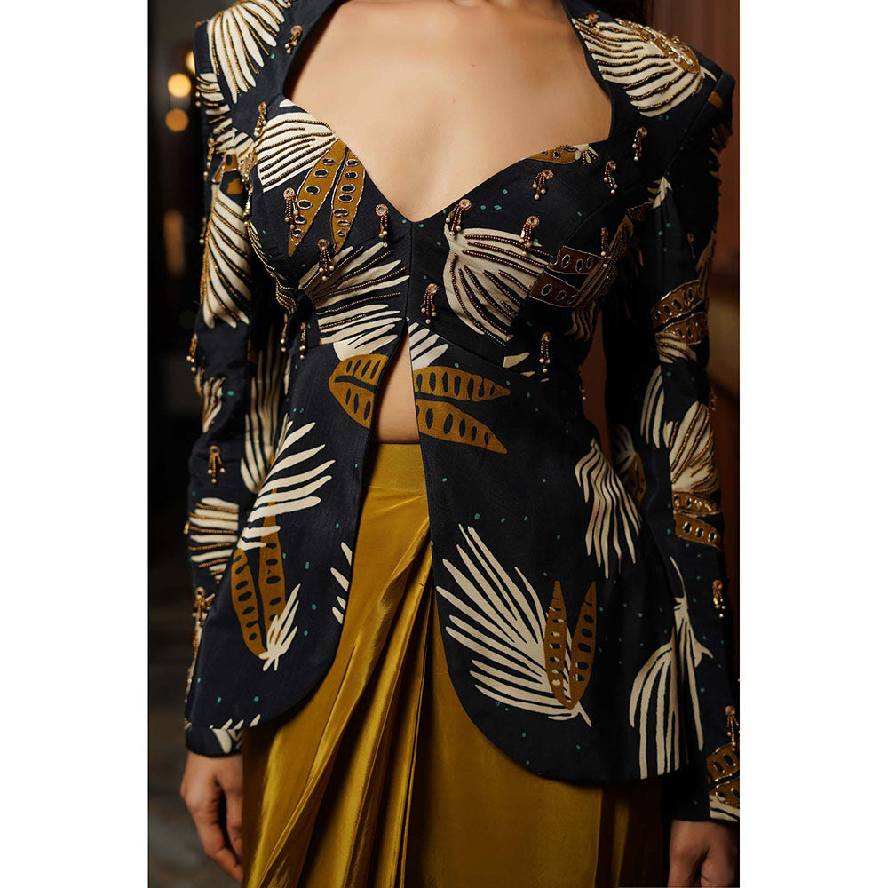 AHI Clothing Black Abstract Heavy Crepe Drape Top with Skirt