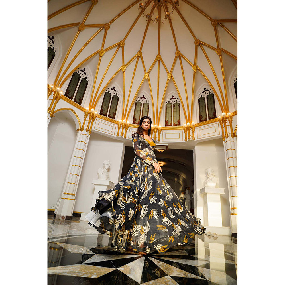 AHI Clothing Black Abstract Georgette Lehenga and Bustier with Short Kurta