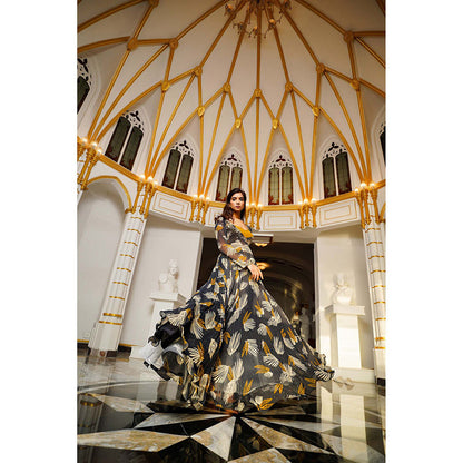 AHI Clothing Black Abstract Georgette Lehenga and Bustier with Short Kurta