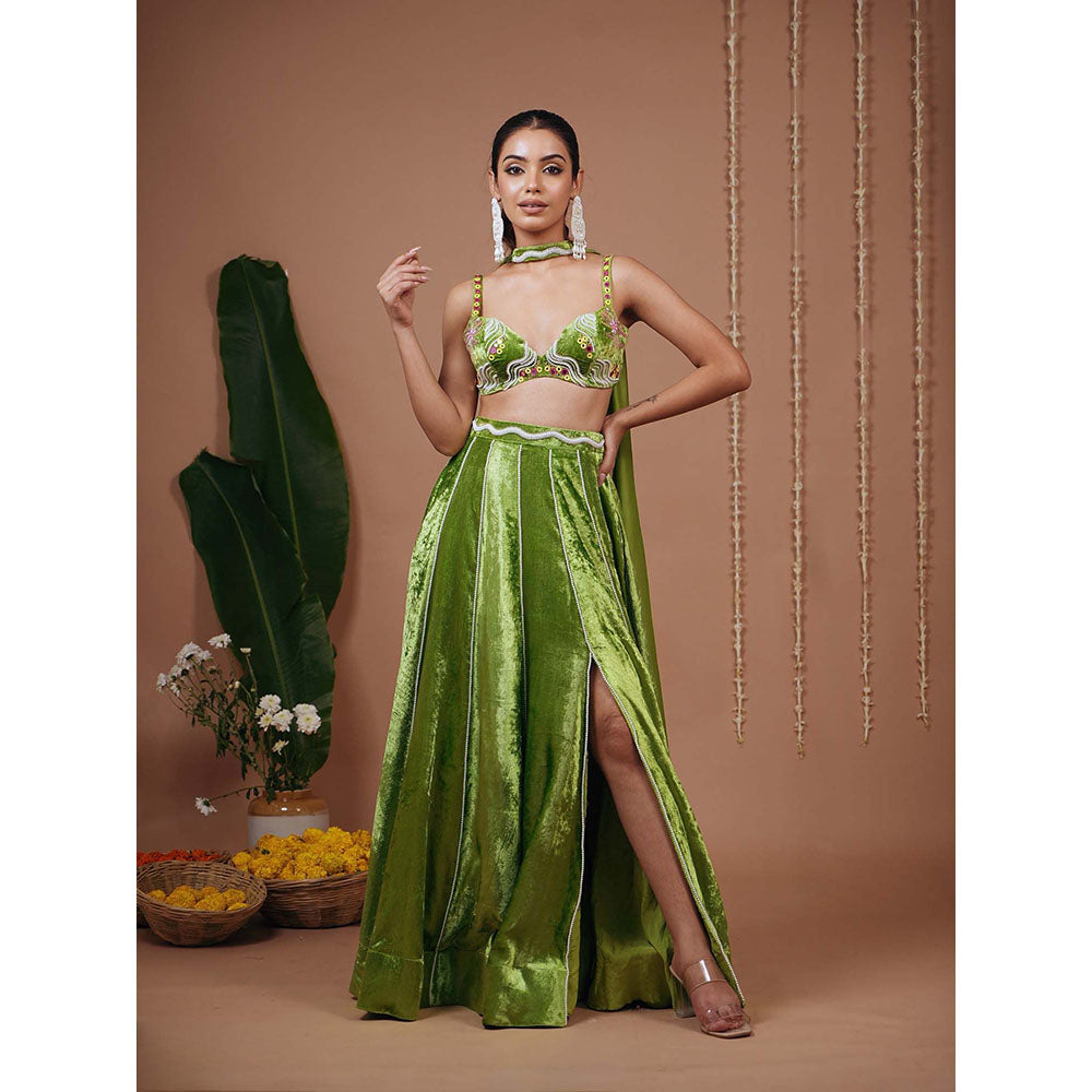 AHI Clothing Bright Green Velvet Indo Lehenga And Blouse With Dupatta