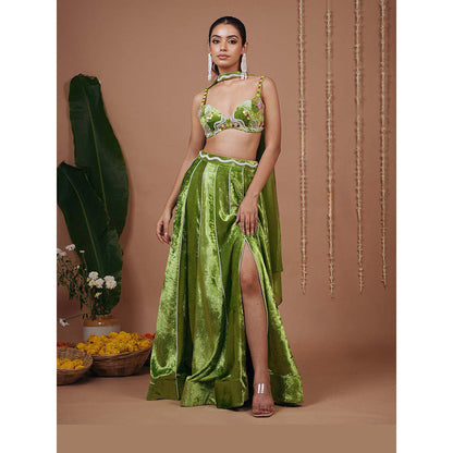 AHI Clothing Bright Green Velvet Indo Lehenga And Blouse With Dupatta