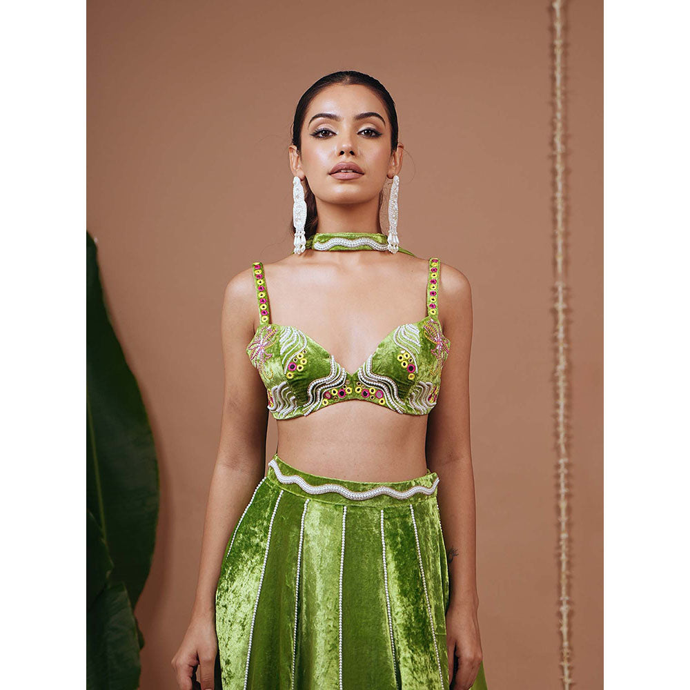 AHI Clothing Bright Green Velvet Indo Lehenga And Blouse With Dupatta