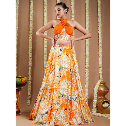 AHI Clothing Forest Orange Crepe Printed Corset Drape And Skirt