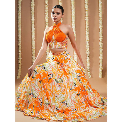 AHI Clothing Forest Orange Crepe Printed Corset Drape And Skirt