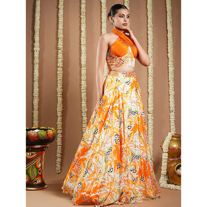 AHI Clothing Forest Orange Crepe Printed Corset Drape And Skirt