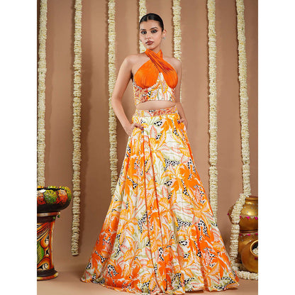 AHI Clothing Forest Orange Crepe Printed Corset Drape And Skirt