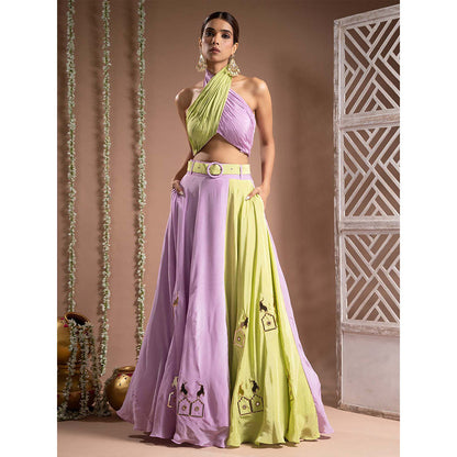 AHI Clothing Green Lilac Crepe Indo Top And Skirt With Belt