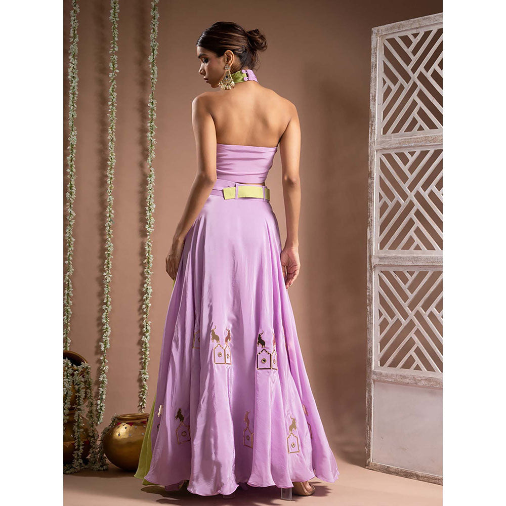 AHI Clothing Green Lilac Crepe Indo Top And Skirt With Belt