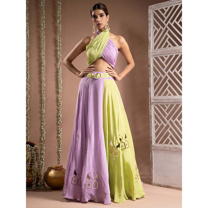 AHI Clothing Green Lilac Crepe Indo Top And Skirt With Belt