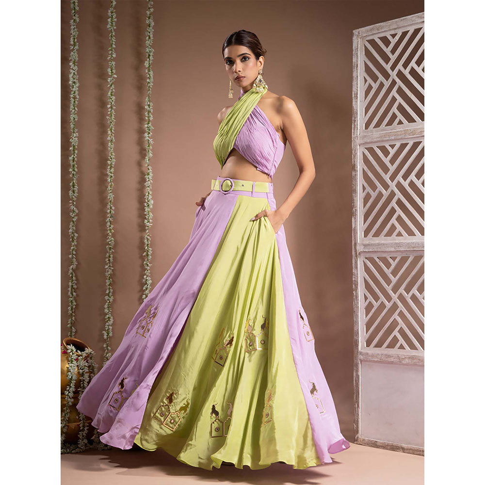 AHI Clothing Green Lilac Crepe Indo Top And Skirt With Belt