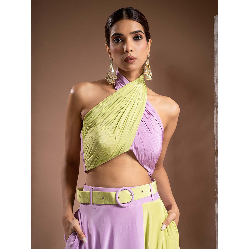 AHI Clothing Green Lilac Crepe Indo Top And Skirt With Belt