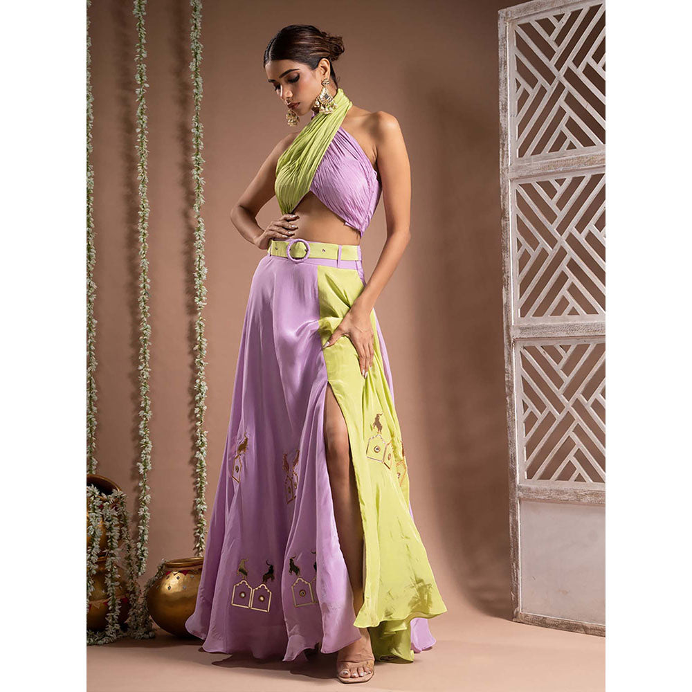 AHI Clothing Green Lilac Crepe Indo Top And Skirt With Belt