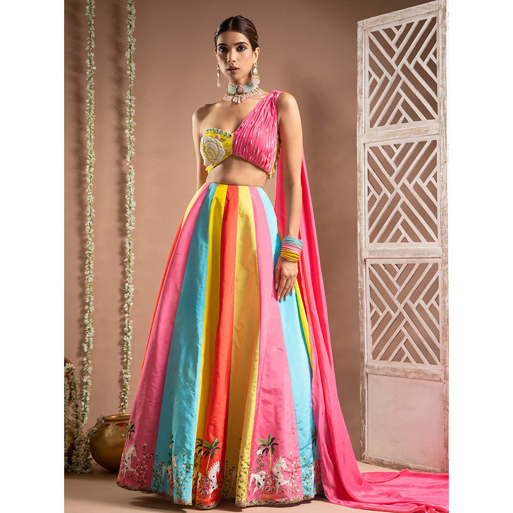 AHI Clothing Horse Print Multicolour Crepe One Shoulder Lehenga And Blouse