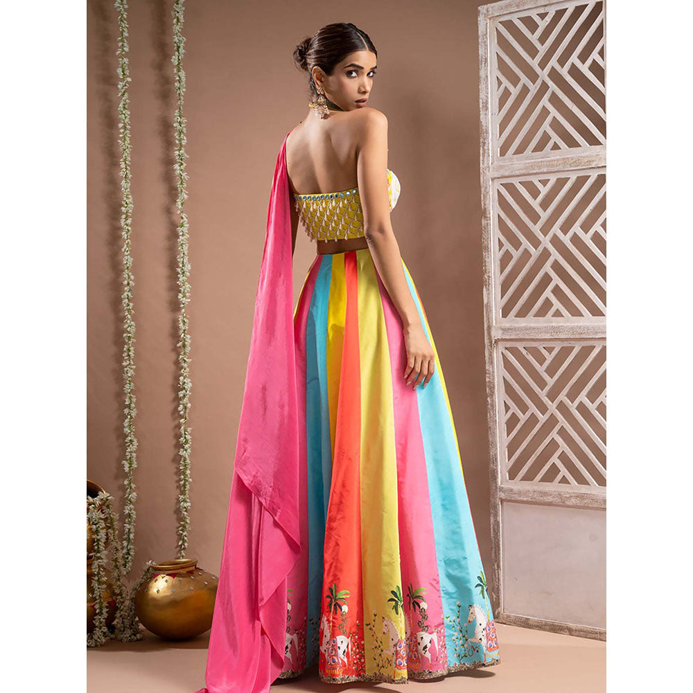 AHI Clothing Horse Print Multicolour Crepe One Shoulder Lehenga And Blouse
