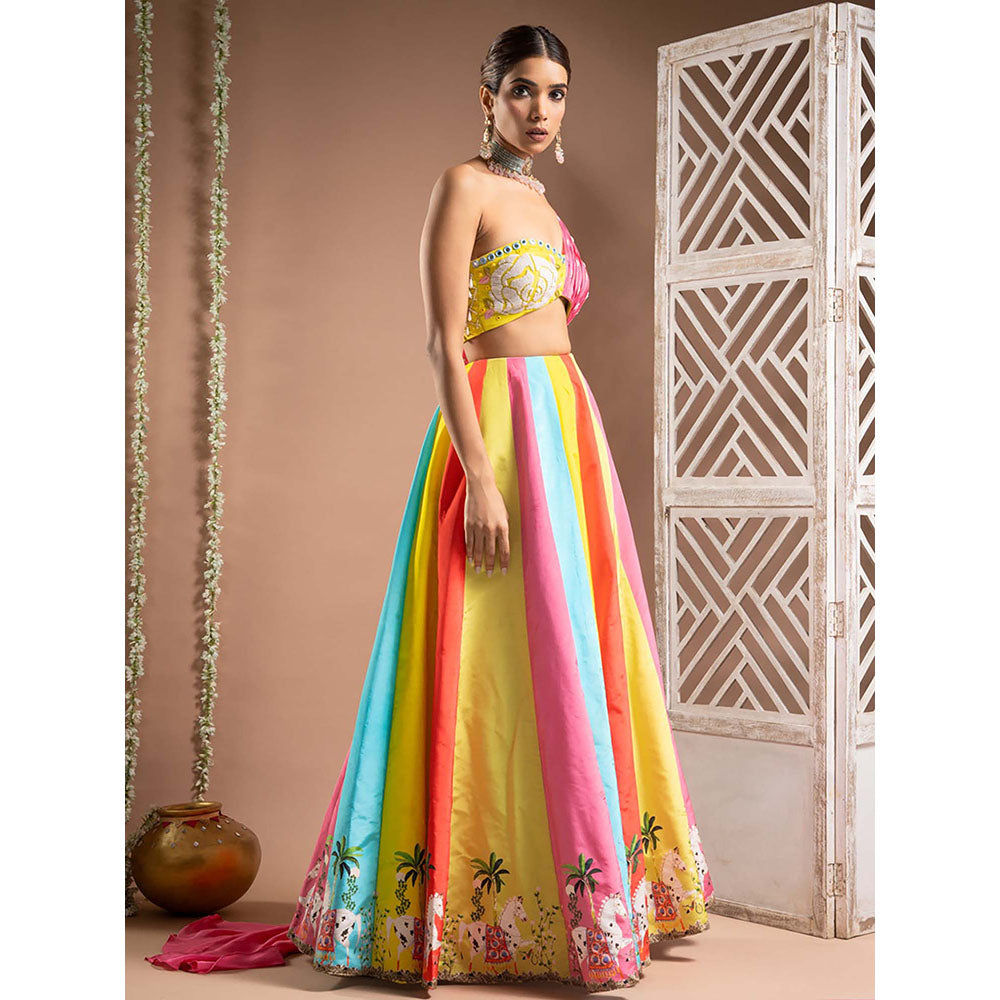AHI Clothing Horse Print Multicolour Crepe One Shoulder Lehenga And Blouse