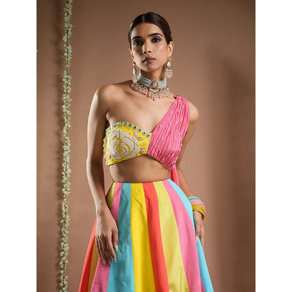 AHI Clothing Horse Print Multicolour Crepe One Shoulder Lehenga And Blouse