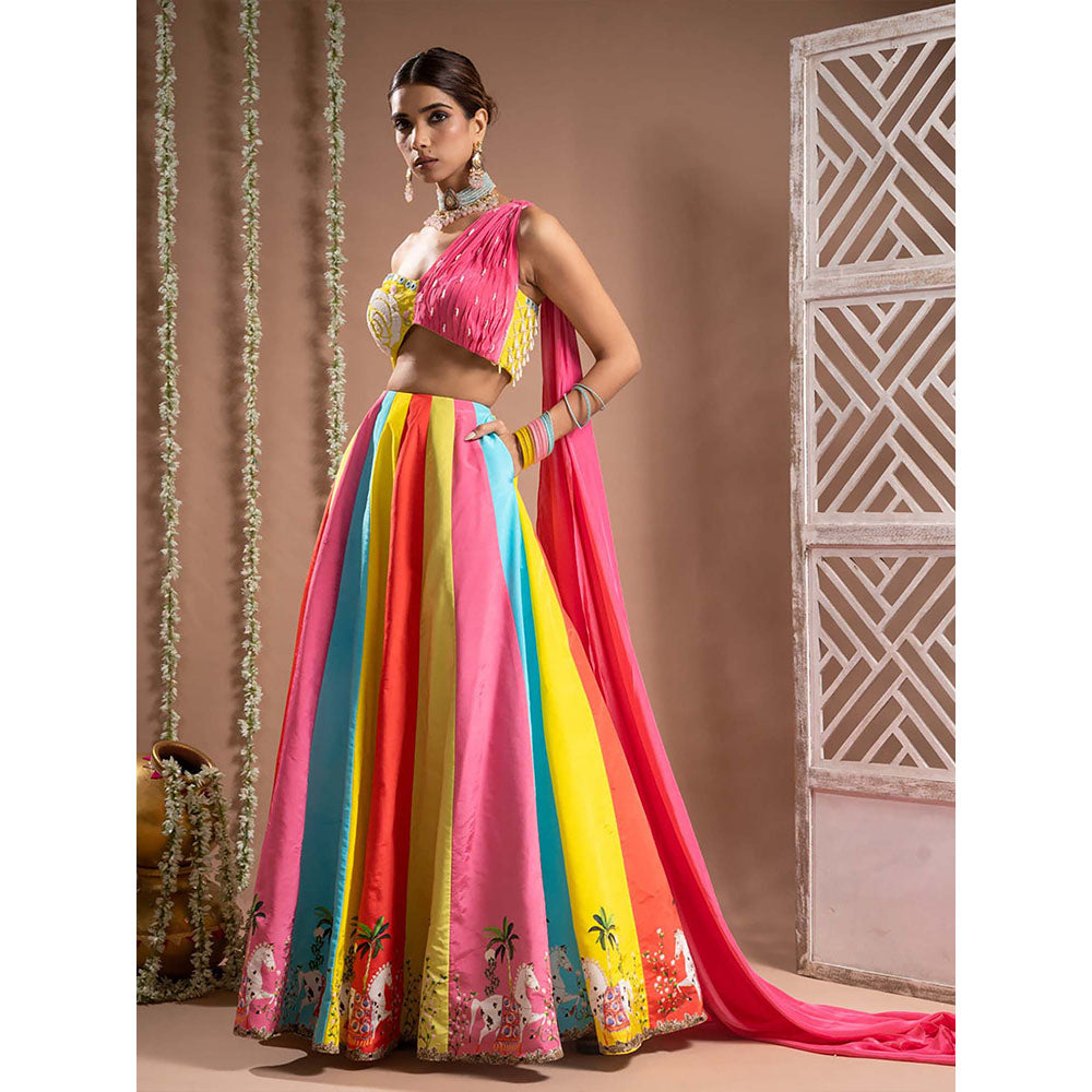AHI Clothing Horse Print Multicolour Crepe One Shoulder Lehenga And Blouse
