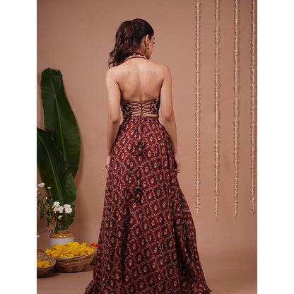 AHI Clothing Maroon Halter Lapel Neck Indo Lehenga And Blouse