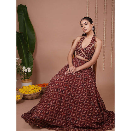 AHI Clothing Maroon Halter Lapel Neck Indo Lehenga And Blouse