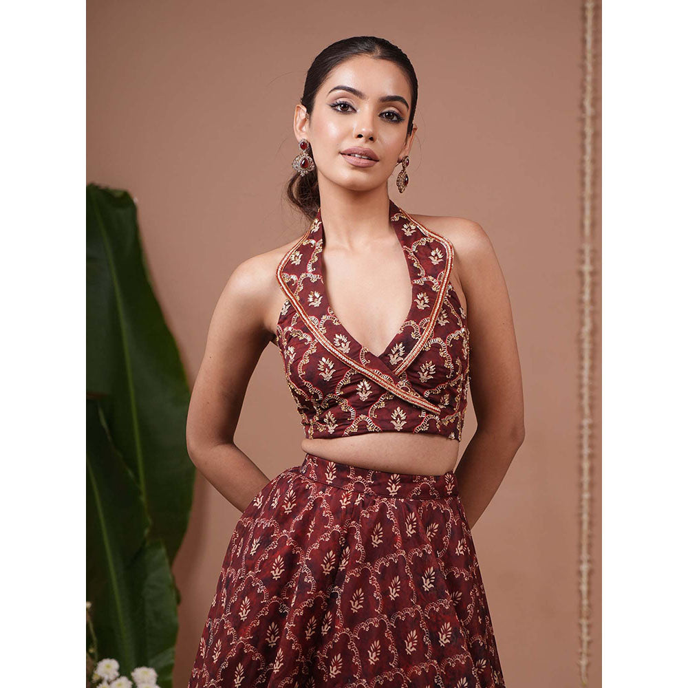 AHI Clothing Maroon Halter Lapel Neck Indo Lehenga And Blouse