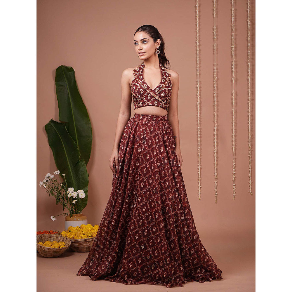 AHI Clothing Maroon Halter Lapel Neck Indo Lehenga And Blouse