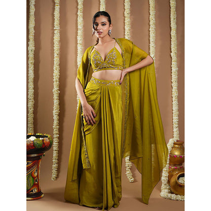 AHI Clothing Mehendi Green Crepe Drape Shrug And Bustier With Skirt