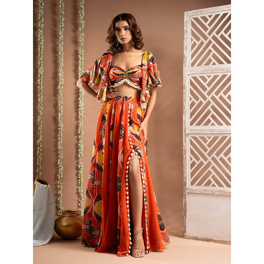 AHI Clothing Orange Kaudi Abstract Print Georgette Indo Top With Skirt