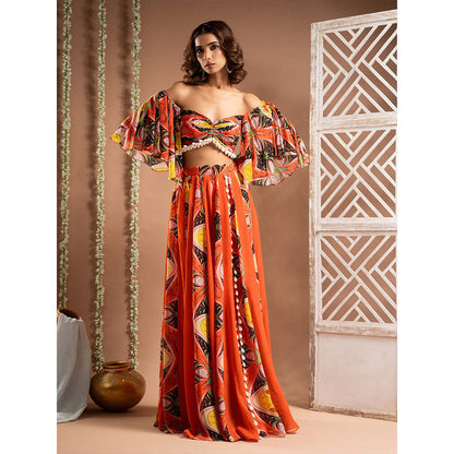 AHI Clothing Orange Kaudi Abstract Print Georgette Indo Top With Skirt