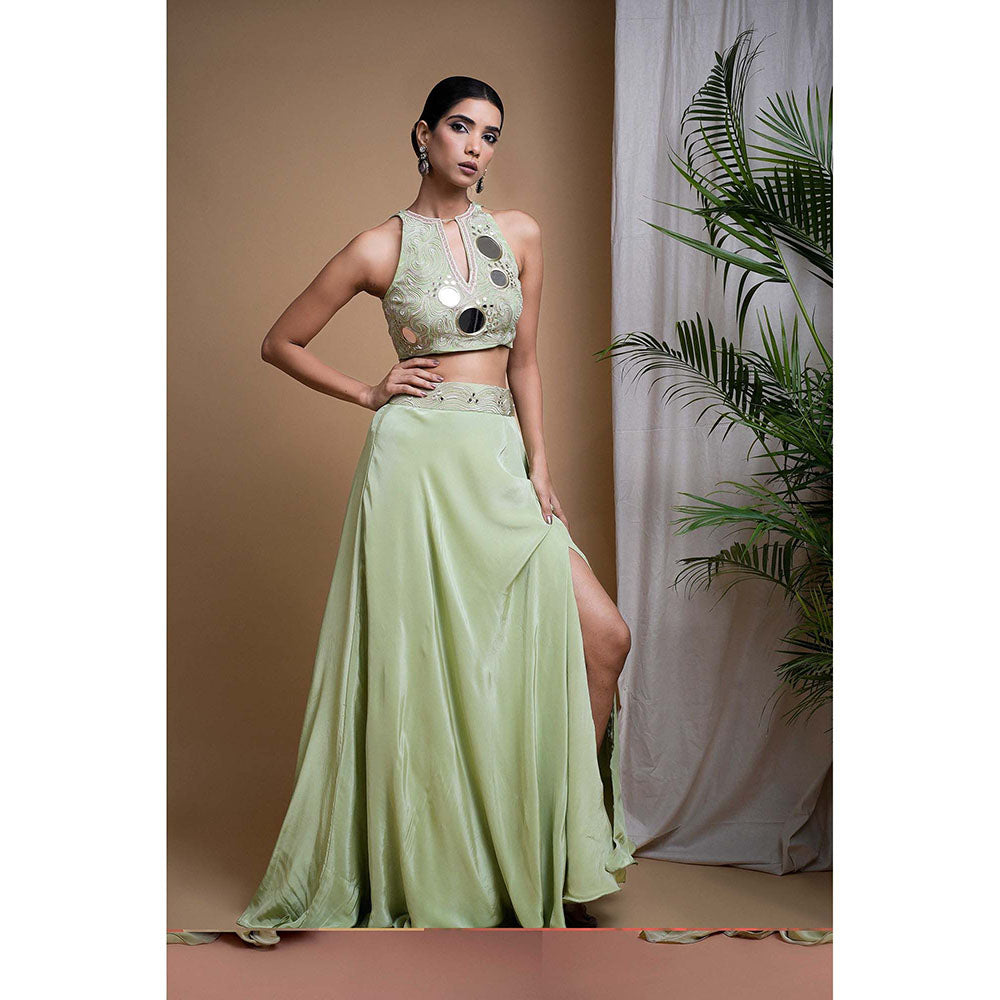AHI Clothing Pastel Pistachio Green Indo Crepe Top With Skirt