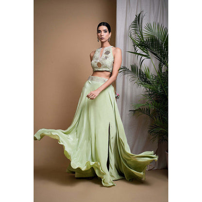 AHI Clothing Pastel Pistachio Green Indo Crepe Top With Skirt