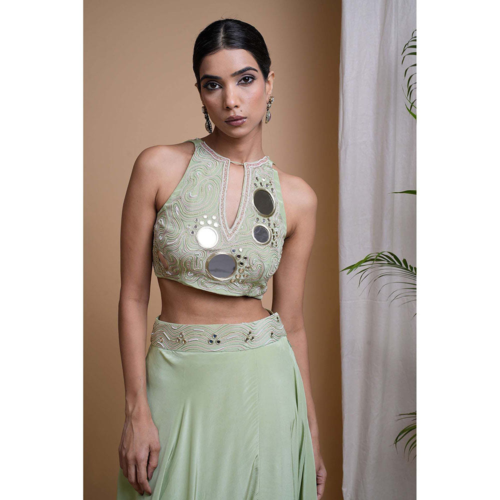 AHI Clothing Pastel Pistachio Green Indo Crepe Top With Skirt
