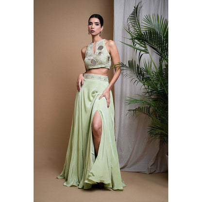 AHI Clothing Pastel Pistachio Green Indo Crepe Top With Skirt