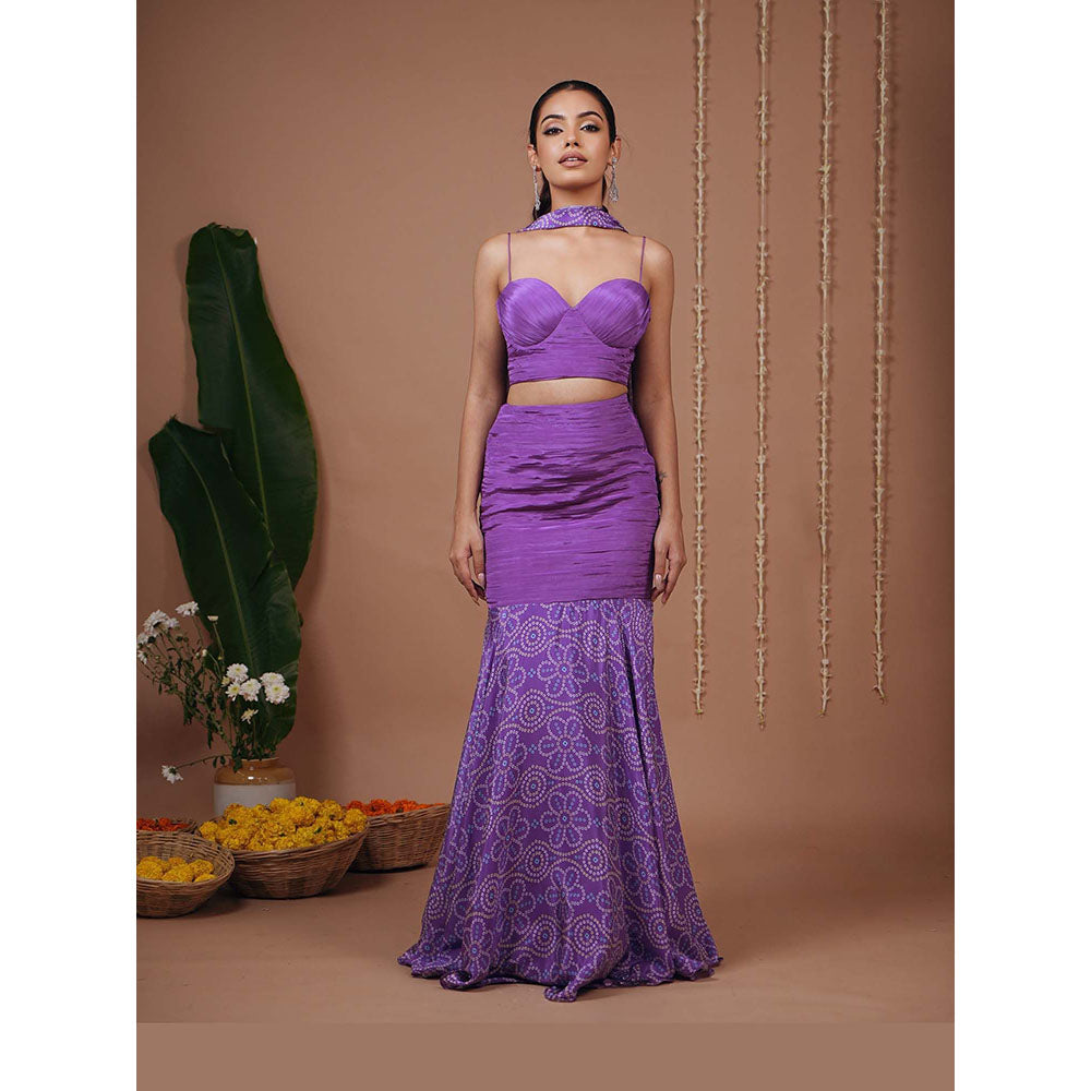 AHI Clothing Purple Bandhani Indo Corset With Skirt And Dupatta