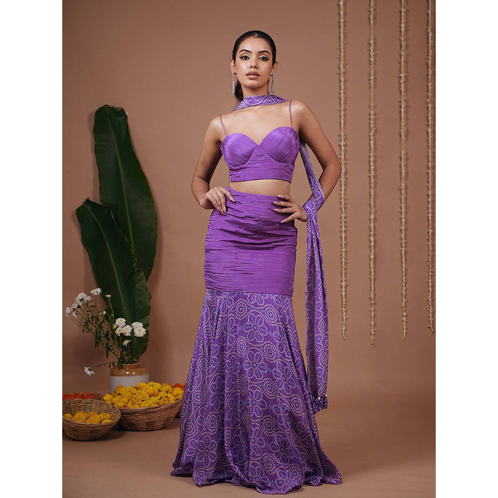 AHI Clothing Purple Bandhani Indo Corset With Skirt And Dupatta