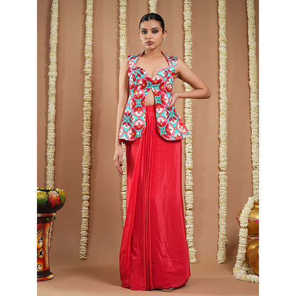 AHI Clothing Red Tile Printed Coat And Drape Top With Skirt