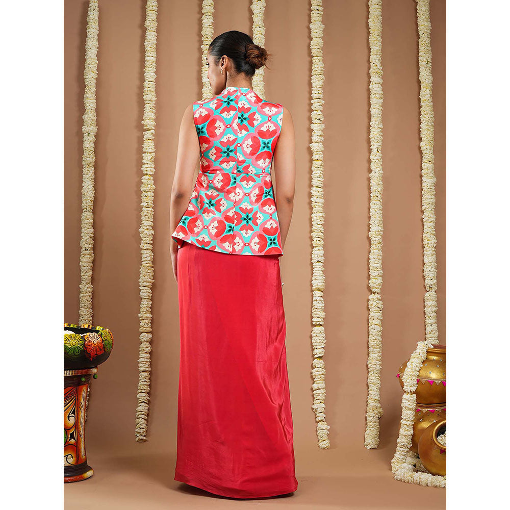 AHI Clothing Red Tile Printed Coat And Drape Top With Skirt