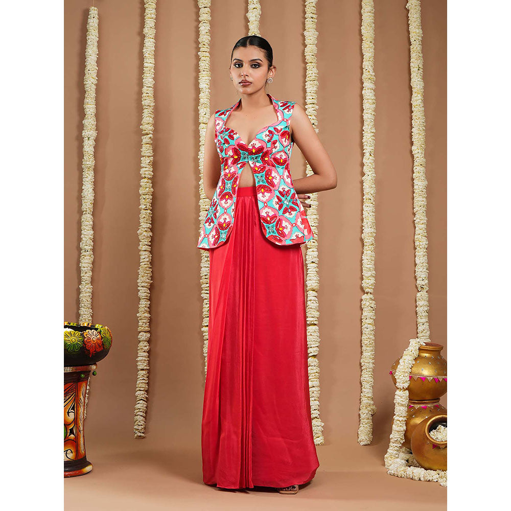 AHI Clothing Red Tile Printed Coat And Drape Top With Skirt