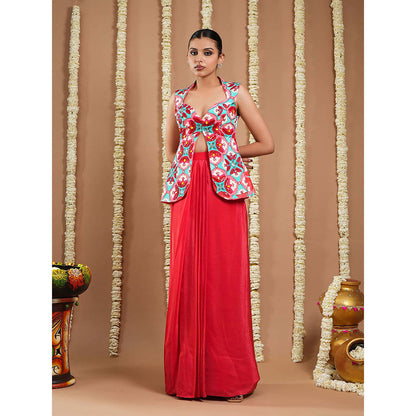 AHI Clothing Red Tile Printed Coat And Drape Top With Skirt