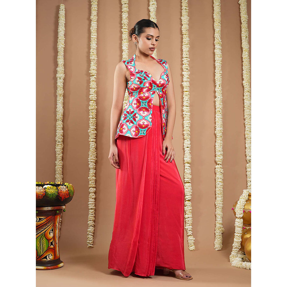 AHI Clothing Red Tile Printed Coat And Drape Top With Skirt